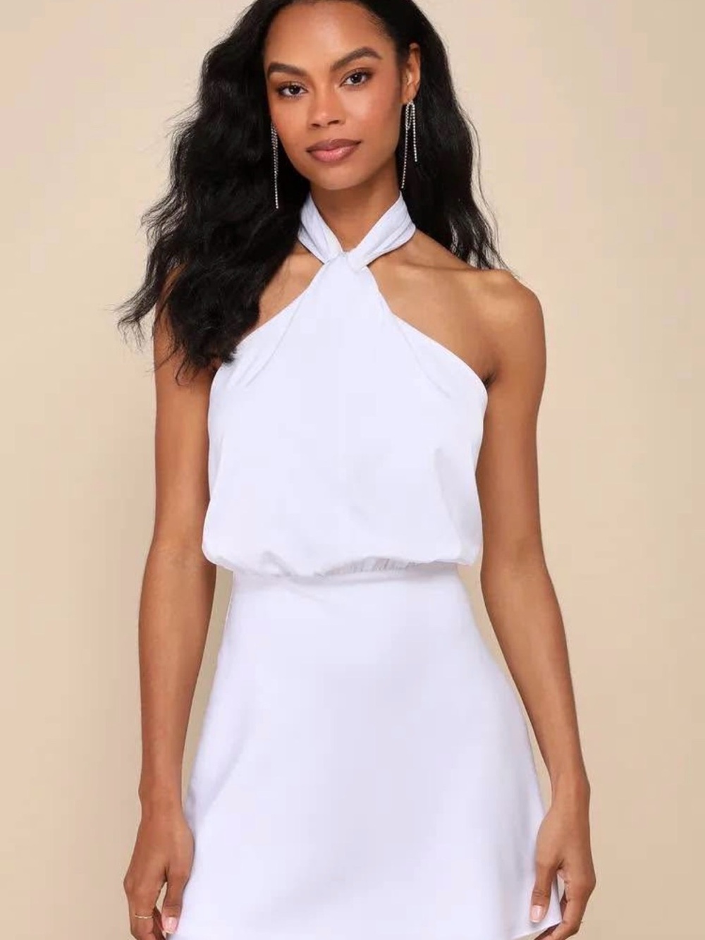 Sleek Essence White Satin Halter Sleeveless Mini Dress